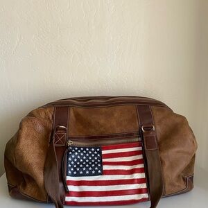 Brown Leather Duffel Bag with American Flag Patch